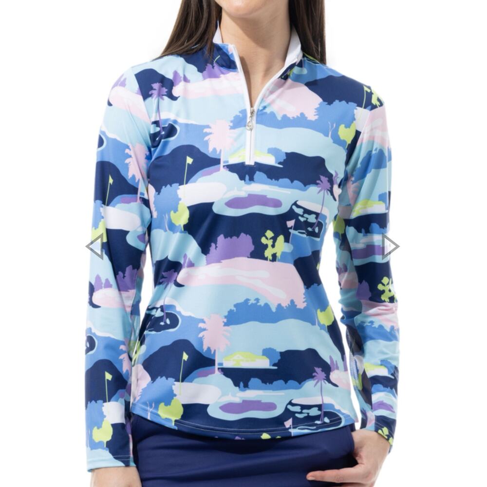 SanSoleil 1/4 Zip Golf Pullover women's XL UV 50 Cooling Mesh Vista Blue Print